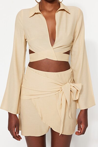 Trendyol Collection Bézs blúz és strandszoknya szett - szőtt fűzős, TBESS23AU00077
