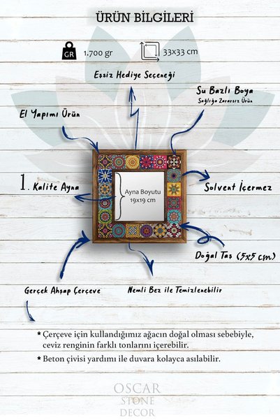Oscar Stone Decor Masif Çerçeveli Mozaik Taş Ayna 33 Cm X 33 Cm (morocco-tile Desen) Dresuar Balkon