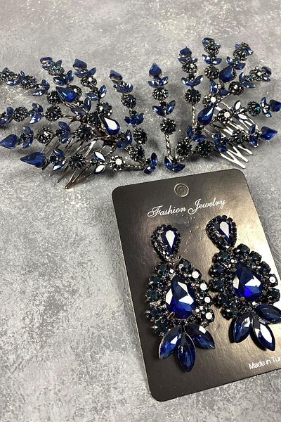 Hobigram Set de accesorii pentru păr și cercei de seară cu coroană de henna model Helen cu frunze duble bleumarin – Taç