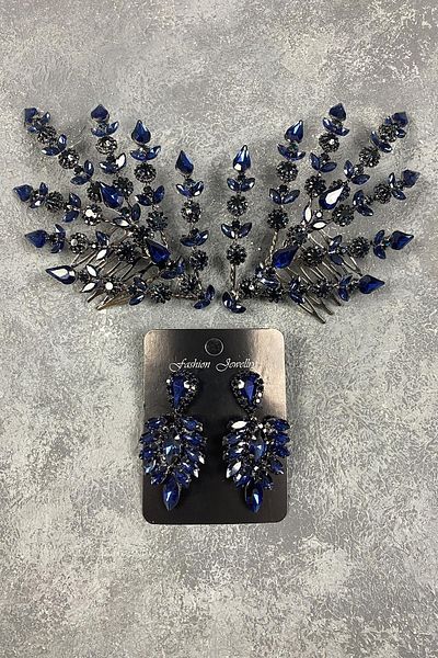 Hobigram Set de accesorii pentru păr și cercei subțiri cu coroană Henna model Helen cu frunze duble bleumarin – Taç