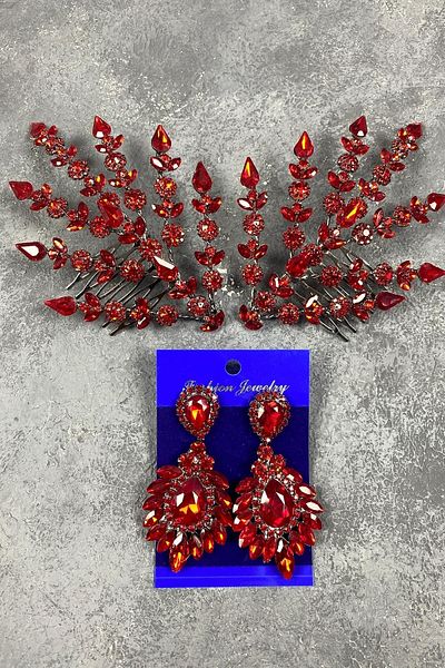 Hobigram Set de accesorii pentru păr și cercei cu coroană cu henna model Helen cu frunze duble roșii – coroană, piatră de cristal