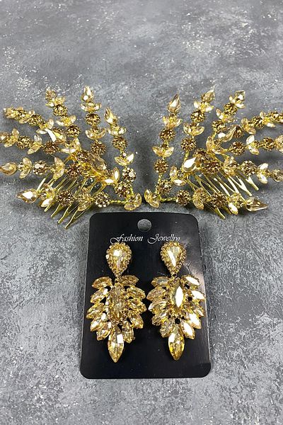 Hobigram Set de accesorii pentru păr și cercei subțiri cu coroană de henna model Helen cu două frunze de culoarea miere – Taç