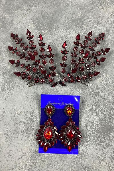 Hobigram Set de accesorii pentru păr și cercei cu coroană cu henna model Helen cu frunze duble burgundy – coroană, piatră de cristal –