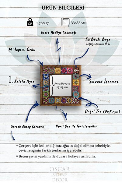 Oscar Stone Decor Çerçeveli Mozaik Doğaltaş Ayna 33 X 33 Cm