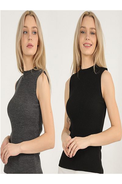 VEGENZE Pulover de damă, negru, antracit, cu guler zero, cu mâneci zero, elastic și cu nervuri