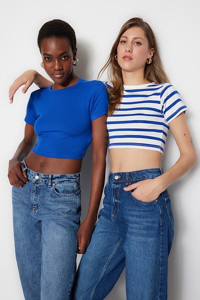 Trendyol Collection Premium Saks-Ecru Saks ριγέ 2-συσκευασία πλεκτή μπλούζα βισκόζης/μαλακό ύφασμα Crop Stretch TWOSS23BZ00194