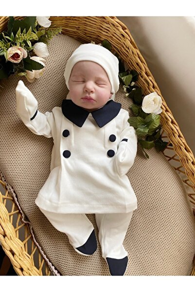 Mama Miel Baby Ecru Navy Blue Button Detailed Booties Top Hat with Bottom Gloves