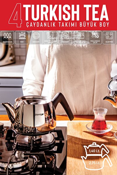 Stevig 4 Turkish Tea 18/10 Stainless Steel Teapot Set Large Size St-501