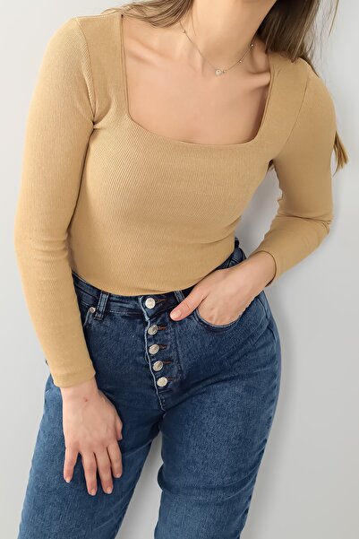 LACHT Kadın Bej Kare Yaka Örme Kaşkorse Bluz