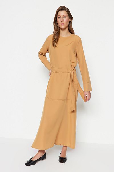 Trendyol Modest Camel Belted Stitching Detail Wide Cuffed Woven Dress TCTSS23EB00278