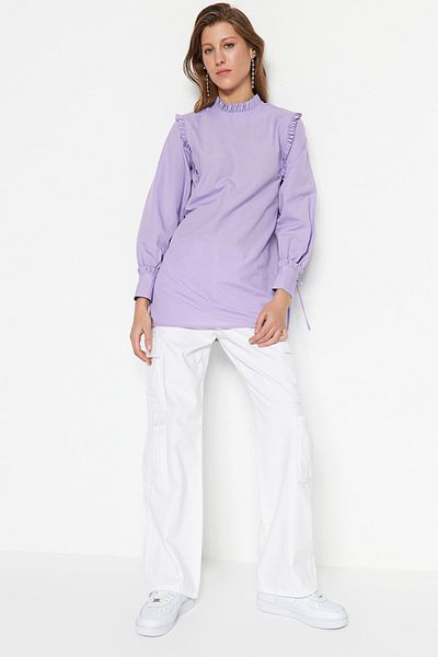 Trendyol Modest Lila tkaná bavlněná tunika na ramenou a manžetě TCTSS23UK00083