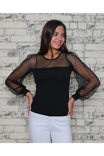 NUR TEKSTİL Kadın Siyah Yuvarlak Yaka Kollar Ve Yaka Kısmı Tülü Bluz