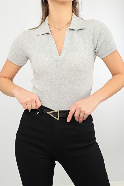 LACHT Γυναικεία γκρι κοντομάνικη πλεκτή μπλούζα με λαιμόκοψη πόλο