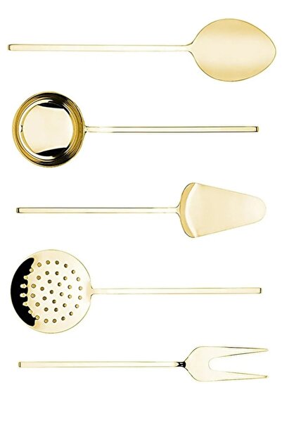 Selenica 5'li Paslanmaz Çelik Altın Titanyum Kaplama Servis; Kaşığı, Spatulas...