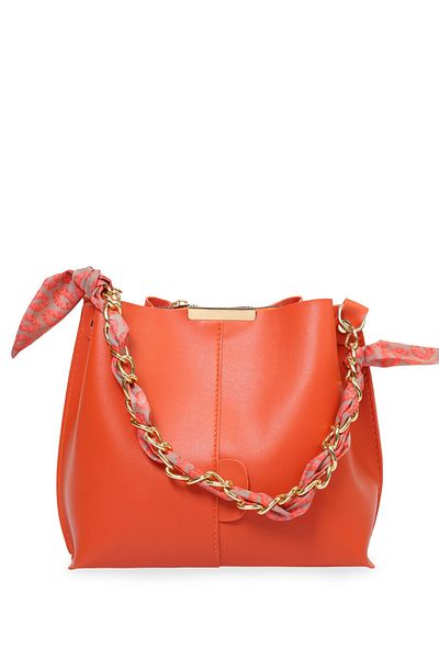 Bagfoni Accesoriu cu lanț eșarfă portocalie Crocos Piele moale 3 compartimente Geantă de mână și geantă de umăr elegantă și elegantă