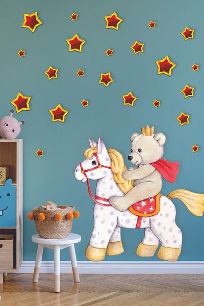 PANDA SOKAĞI Cute White Horsemen Teddy Bear Boy's Room Decorative Sticker - 70x60cm