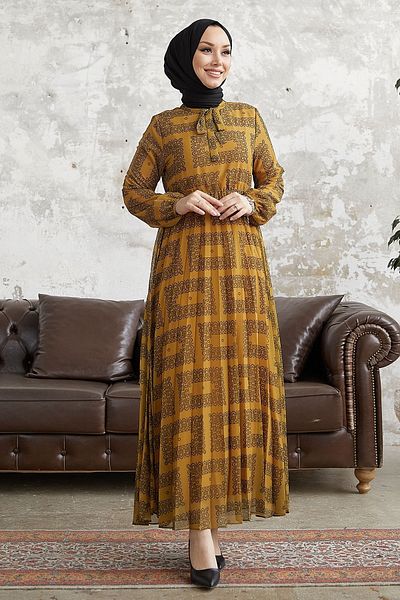 InStyle Luiza Tie Collar Chiffon Φόρεμα - Μουστάρδα