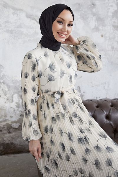 InStyle Rochie din șifon plisată, frunze de mare, albă