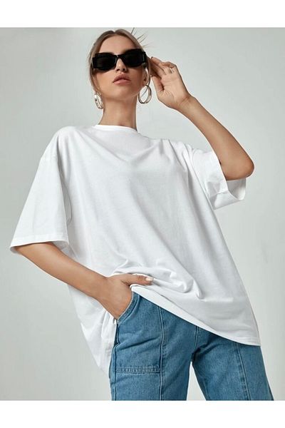 Josette Μπλουζάκι Unisex White Plain Crew Neck Oversize