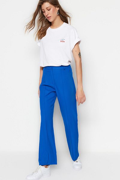 Trendyol Collection Saks rovný/rovný střih Vysoký pas Žebrované prošívání Tkané kalhoty TWOSS21PL0093