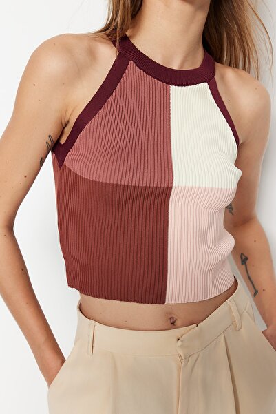 Trendyol Collection Bluzka Plum Crop Color Block TWOSS22BZ0402