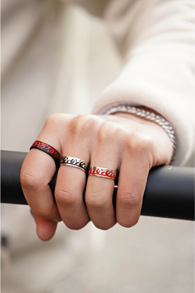 The Collection 3'lü Alev Desen Alyans Model Ayarlanabilir Erkek Yüzük Set