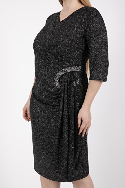 EZZE 4278 Lıkralı Kumas Bel Aksesuar Detaylı Mıdı Boy Elbıse