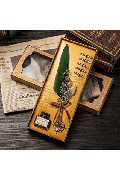 hediyeconcepti Vintage Tüy Dolma Kalem Seti Ekstra Ince Dolma Kalem Hediyeler...