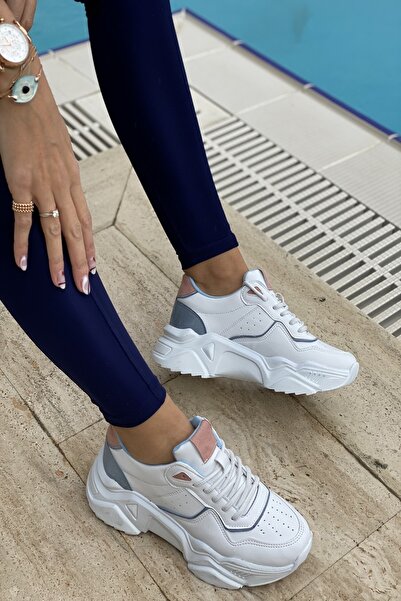 İnan Ayakkabı White Blue Powder Women's Sneakers - Casual Sports Shoes, 5 cm Sole