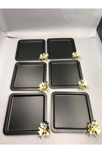 Mira züccaciye Luxury Square Butterfly Accessory Stainless Steel Set of 6 Black Coffee, Tea, Decorative Presentation Serving Tray