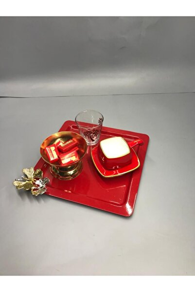 Mira züccaciye Stainless Steel Square Red Coffee, Tea, Decorative Presentation Serving Tray with Luxury Butterfly Accessories