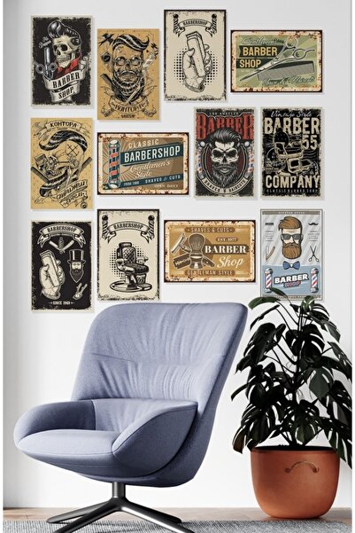 TRENDPOSTER Berber Kuaför Temalı 12 Parça Ahşap Mdf Tablo