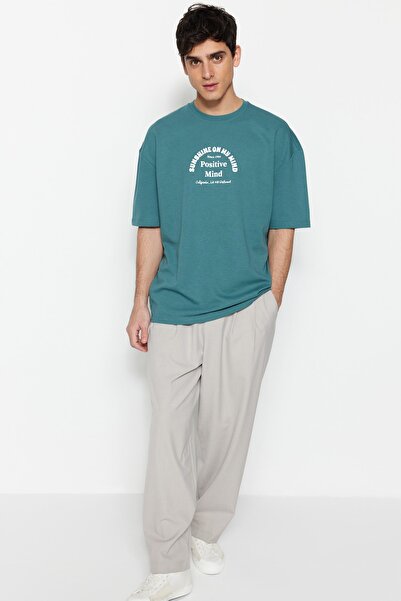 Kolekcia Trendyol Oversize/široký strih Crew Krk s krátkym rukávom Text Vytlačený Bavlna Hrubé tričko TMNSS23TS00083