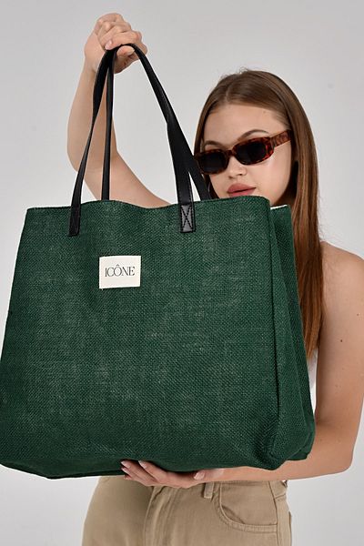ICONE BAG Green Linen Women's Bag - Straw Hand and Shoulder Bag, Straw Bag