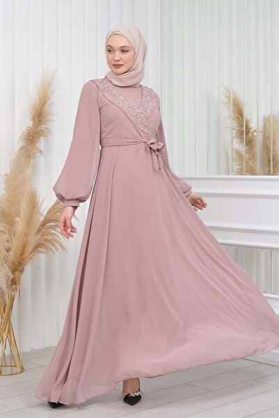 poplinmoda Asimetrik Taşlı Şifon Abiye