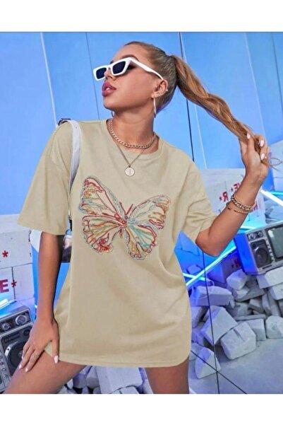 Tarzsokak Μπλουζάκι Unisex Oversize Cotton Butterfly με στάμπα μαύρο μπεζ χρώμα