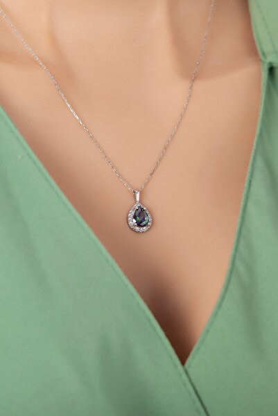 klas gümüş Mistik Topaz Damla Taşlı Rodaj Kolye-925 Ayar Gümüş