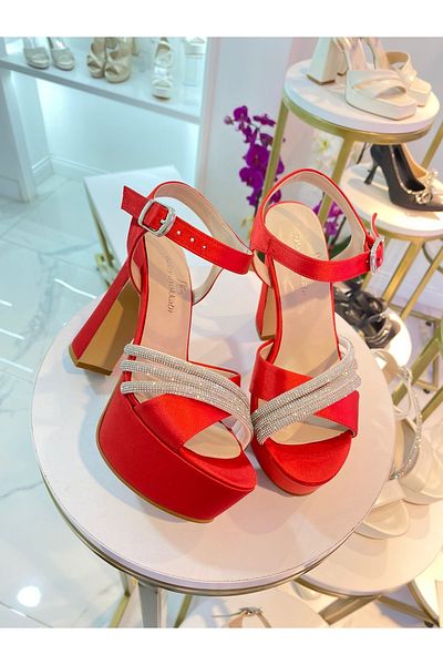 AZLAYAYAKKABI Red Satin Stone Women's Evening Dress Shoes