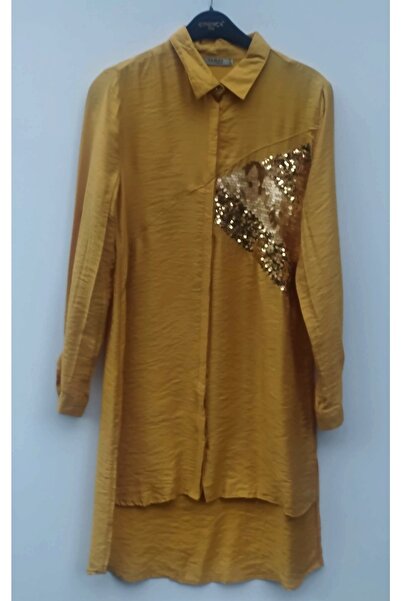 Hepsibitarz Kadın Sarı Payetli Tarz Uzun Tunik Gömlek