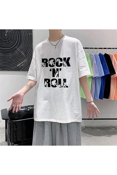 Touz Rock 'n' Roll Printed White Unisex Oversize T-shirt - Hakatumoda