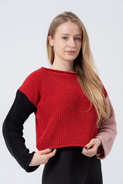 PUNKY CAT Women's Red Wide Long Sleeve Knitwear Sweater