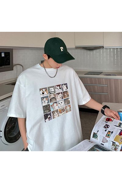 Touz My Vision Cat Collage Λευκό μπλουζάκι Unisex Oversize