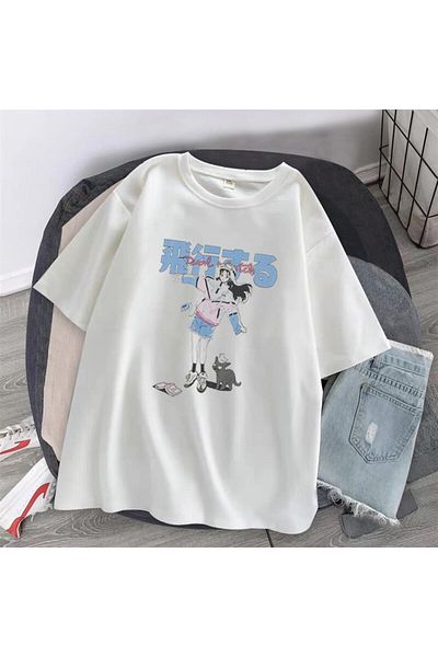 Touz Tricou supradimensionat unisex alb Blunt Blunt Anime Girl & Cat