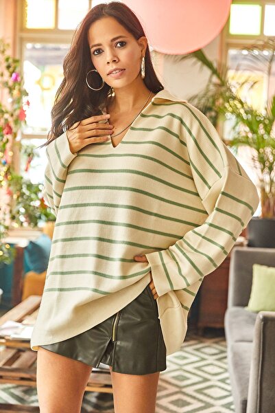 Olalook Pulover de damă, verde apă, cu guler polo în dungi, tricotaj supradimensionat KZK-19000583