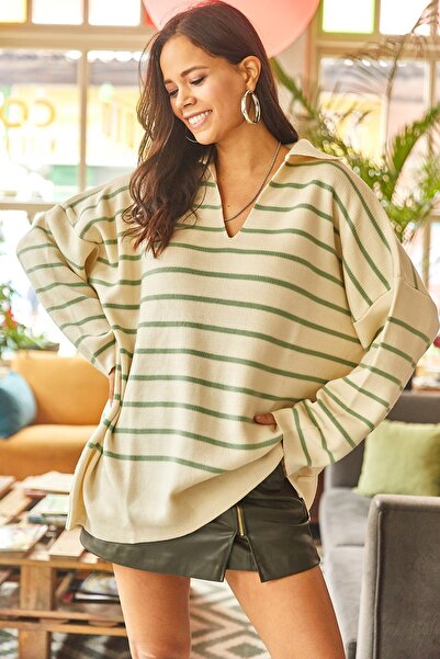 Olalook Pulover de damă, verde apă, cu guler polo în dungi, tricotaj supradimensionat KZK-19000583