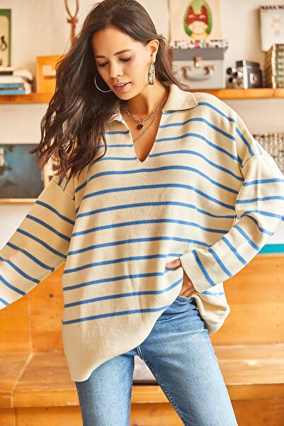 Olalook Hanorac supradimensionat cu guler polo albastru pentru femei KZK-19000583