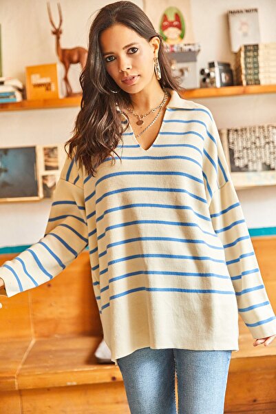 Olalook Hanorac supradimensionat cu guler polo albastru pentru femei KZK-19000583