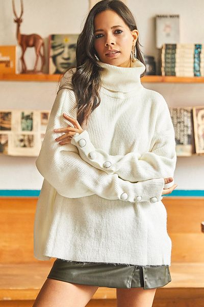 Olalook Women's Ecru Long Throat Cuff Buttoned Soft Textured Oversize Knitwear Pullover KZK-19000584