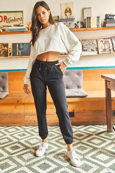 Olalook Women's Black Pocketed Elastic Waist Sweatpants EŞF-00000066