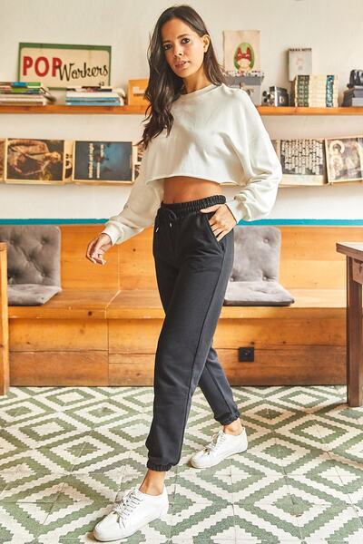 Olalook Women's Black Pocketed Elastic Waist Sweatpants EŞF-00000066